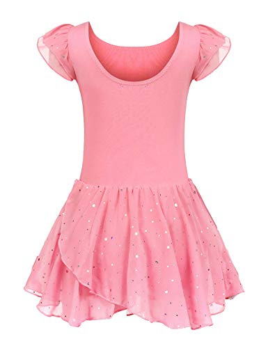 Arshiner Girls Ruffle Sleeve Ballet Dance Dress Glitter Tutu Skirted Leotard, 6-7 Years, Pink #TOP5
