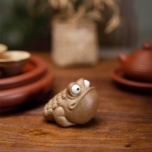 Hormsdar Hand-Made Purple Clay Frog Tea Pet Three-Legs Big Eyes Toad Statue Kung Fu Tea Tray Decor Tea Lover's Gift Home Office Desk Feng Shui Ornament
