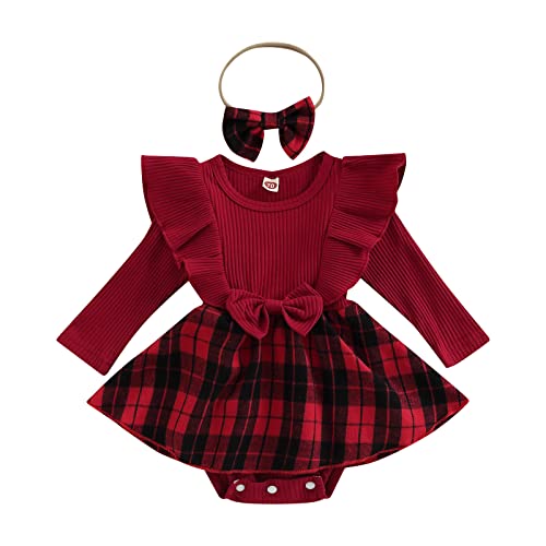 Image of Christmas Infant Baby Girls Romper Dress Plaid Ruffles Long Sleeve Bowknot Skirt Hem Jumpsuits Headband