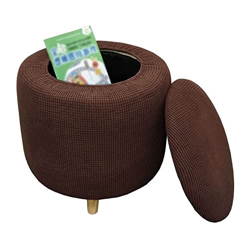 JHLD Round Ottoman Cover, Stretch Ottoman Slipcovers 2 Piece Soft Plaid Footstool Protector Covers with Elastic Bottom Storage Ottoman Slipcover for Dogs Cats-Coffee-Round