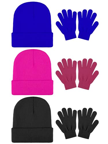 Image of Cooraby 6 Pack Kid's Winter Beanies Hat Full Fingers Gloves Set Skull Winter Caps Stretchy Gloves for Boys Girls