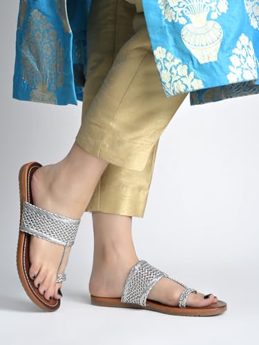 Image of Shoetopia Women's Kolhapuri Flats - Handwoven Bunai Sandals with Toe Loop | Ethnic Slip-On Chappals for Casual Festive