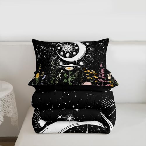 Image of Feelyou Sun and Moon Bedding Set Full Size Constellations Comforter Set for Kids Boys Girls Galaxy Astrology Branches Plants Comforter Black and White Quilt Set with 2 Pillowcases