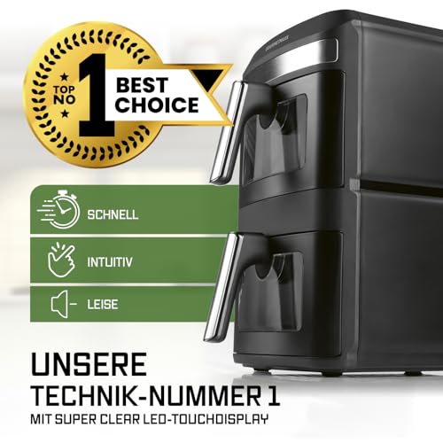 GOURMETmaxx FryUp XL vertikale Doppelkammer Heißluftfritteuse mit Sichtfenster - 12 L | Airfryer mit 9,6 Zoll Multi-Colour LED-Touchdisplay & 12 Programmen | Heißluftfritteuse 2 Kammern mit Oberhitze 2