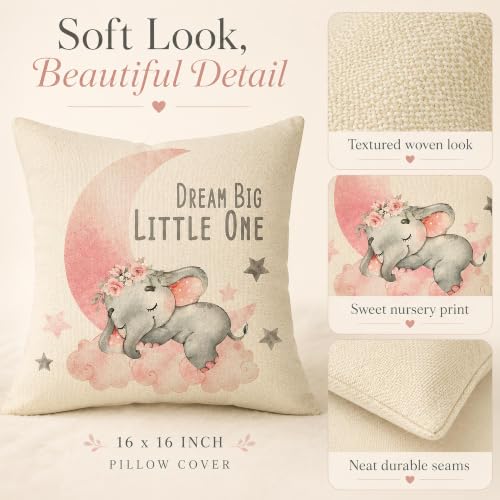 Image of Dream Big Little One Pillow Cover 16x16in Baby Elephant Nursery Decor