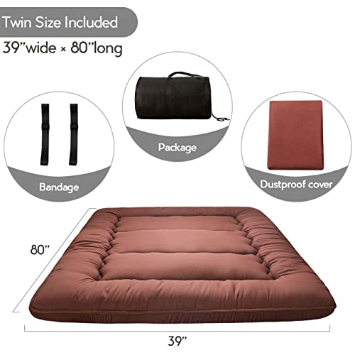 Image of MAXYOYO Japanese Floor Mattress Futon Mattress, Thicken Tatami Mat Sleeping Pad Foldable Roll Up Mattress Boys Girls Dormitory Mattress Pad Kids Floor Lounger Couches and Sofas, Coffee, Twin Size