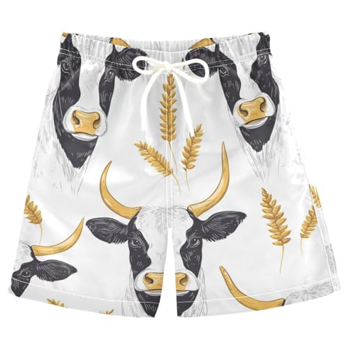 Boys Beach Board Shorts Gold Cow Cattle Swim Trunk Teen Swimwear