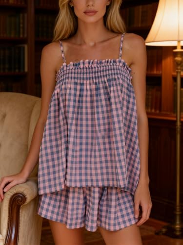 Image of SOOKABEILA Women 2 Piece Lounge Set Sleeveless Striped Cami Peplum Top Boxer Shorts Loose Ruffle Matching Pj Sets Outfits