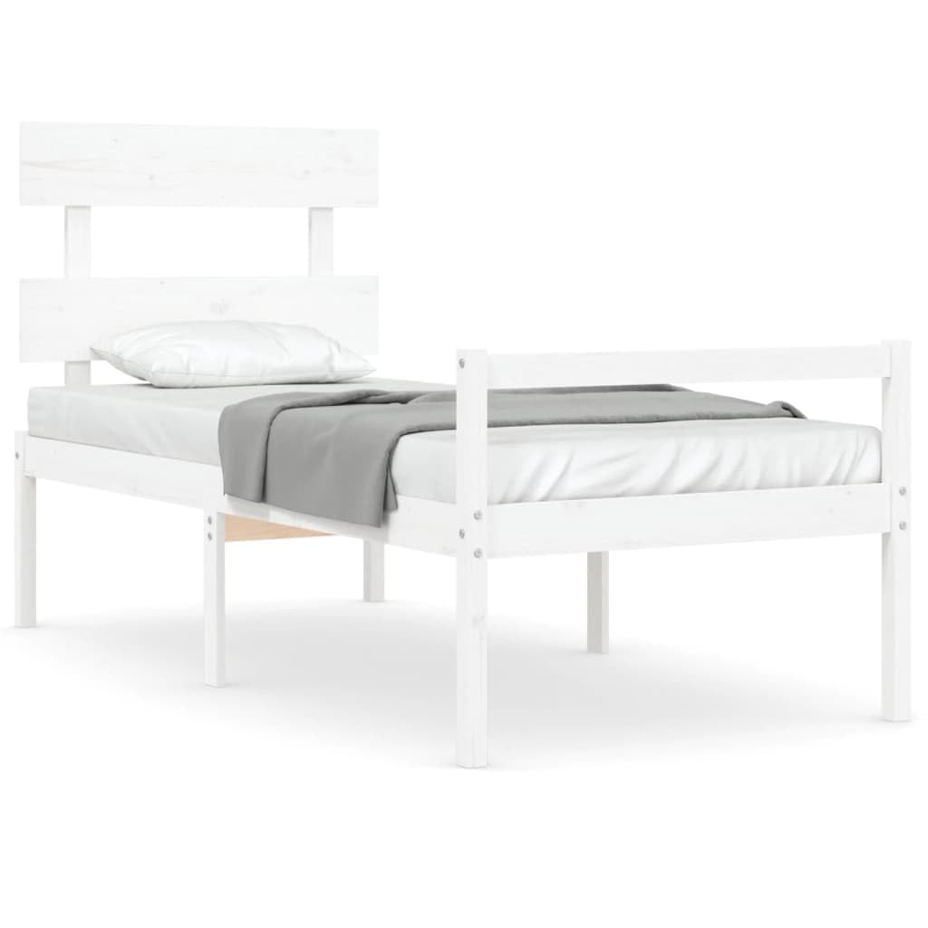 Massivholz Seniorengerecht 45cm Sitzhöhe Bett 90x190cm Weiß | Seniorenbett mit Kopfteil Weiß Massivholz 90x190cm Bettgestell Kiefer mit Lattenrost und Stauraum für Seniorengerechtes