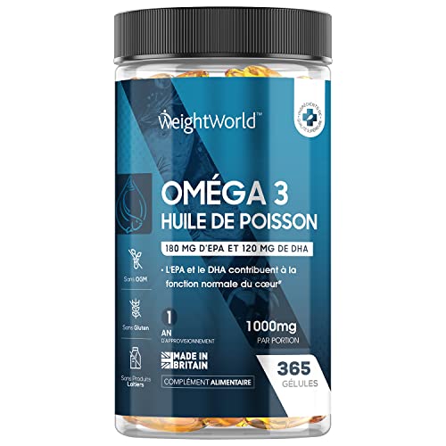 Oméga 3 1000mg Huile de Poissons Sauvages - 365 Gélules Biodisponibles (1 An) Haute Concentration en Acides Gras 180mg EPA + 120mg DHA par Gélule - Pêche Durable - Complément Omega 3 Fish Oil