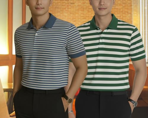 Image of MACK JONNEY Men's Cotton Polo T-Shirt | Regular Fit | Short Sleeve | Striped Casual Wear | Pack of 2 -MJ-1