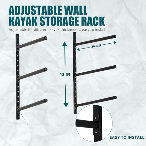 JUSTOOP Kayak Storage Rack for 3 Kayak, Adjustable Wall Mount Kayak Racks for Garage and Outdoor Storage, 550LBS Weight Capacity