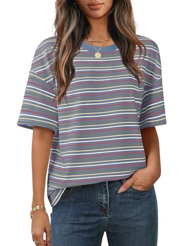 Cuptacc Tshirt Damen Sommer Mode Dopamin Regular Fit Gestreiftes Top Drop Shoulder Weich Und Bequem Elegant Vielseitig Büro Tunika Damen Graublau S Klein