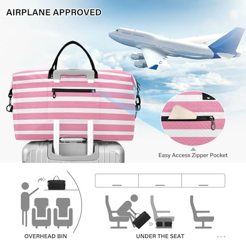 Pink and White Stripe Travel Duffle Bag,Large Weekender Travel Bag for Women Men Waterproof Luggage Bag with Trolley Sleeve,Airplane Travel Essentials for Flying 5