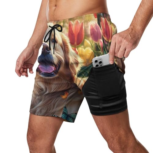 Retriever Sitting in Tulips Flower Mens Swim Trunks with Quick-Drying Lining Beach Shorts for Outdoor Sports2