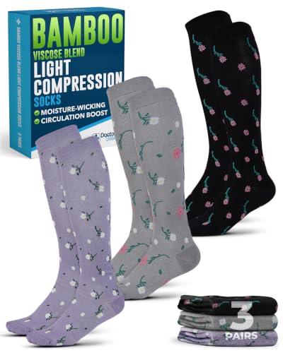 Doctor's Select® Light Compression Socks for Women & Men - 3 Pairs, Knee High Comfort and Support, 8-15 mmHg Compression Socks Women, Flowers (Lilac, Black, Gray)
