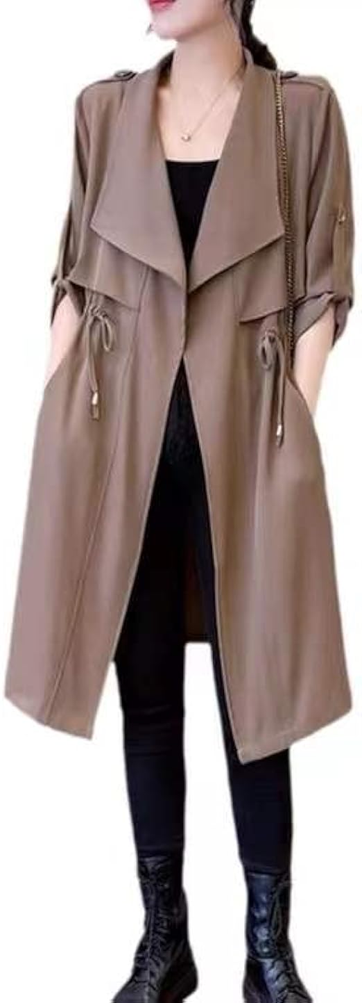 Amazon スプリングコート トレンチコート レディース とろみ感 韓国系 ロングカーディガン ウエストマーク 薄手 春 秋 アウター レディース ロング丈ミディアム丈 Vネック ウエストリボンコートおおきいサイズ 2l カーディガン ボレロ 通販