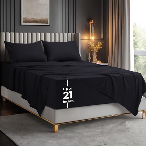 Utopia Bedding Juego de sábanas King de Microfibra Suave, 4 Piezas, sábana de Hotel de Lujo con Bolsillos Profundos, Fundas de Almohada Bordadas, sábana Ajustable con Bolsillos, Negro