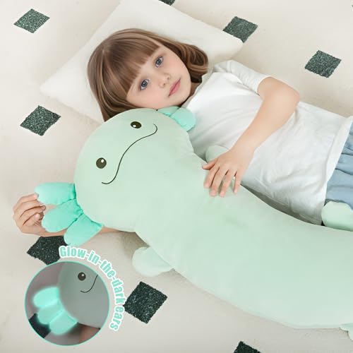 Image of Tianmihou 48 inch Giant Axolotl Plush Stuffed Animal, Big Light Green Axolotl Glow in The Dark Fluorescent Plushies, Jumbo Stuffy Body Pillow Gifts for Kids Adults, Birthday