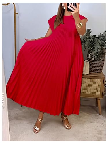 Image of GORGLITTER Women's Pleated Flowy Chiffon Church Dresses Elegant Summer Short Sleeve Wedding Guest Maxi Dress Outfits
