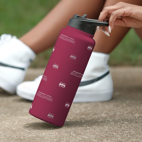 Image of Logo Brands NCAA Mississippi State Bulldogs Step & Repeat 34 oz Stainless Steel Quencher Bottle - All Over Logo Design, No-Spill Lid, Easy Carry Handle - Keeps Drinks Cold For Hours