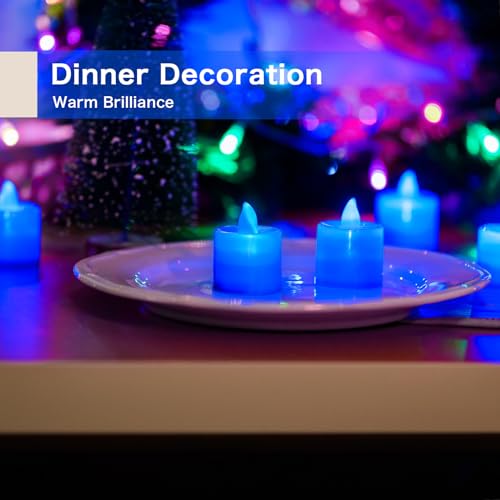 LANKER 24 Pack Flameless Led Tea Lights Candles, Flickering Blue Battery Operated Electronic Fake Candles, Decorations for Wedding, Party, Christmas, Halloween and Festival Celebration (Blue)