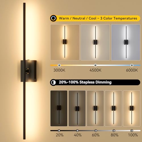 Image of Ouyulong Battery Operated Wall Sconces Set of 2, 10000mAh Wireless Rechargeable 3000-6000K Dimmable 350 Rotate Wall Light with Remote for Living Room, Bedroom 31.6in Black