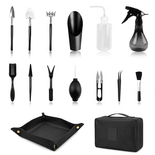 Dcceeo 15 Unidades Bonsái Herramientas Kit, Juego de Herramientas de Jardinería con Pala Jardineria y Estera de Jardinería Plegable Kit Cuidado Bonsai Mini Herramientas de Jardín para Trasplante