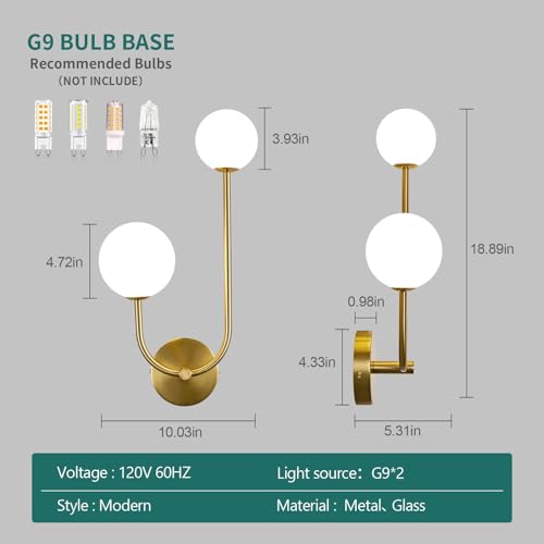 Image of Milk Glass Wall Sconce Gold Wall Sconces Set of Two Mid Century Modern Sconces Wall Lighting 2 Light Globe Sconce for Bedroom Living Room Hallway Wall Light Fixtures