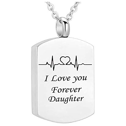 Hoisy Pet Ashes Keepsake Box, Memorial Necklace Chain Pendant Electrocardiogram Engraved I Love You Forever Daughter Silver 50X1.9cm Cover
