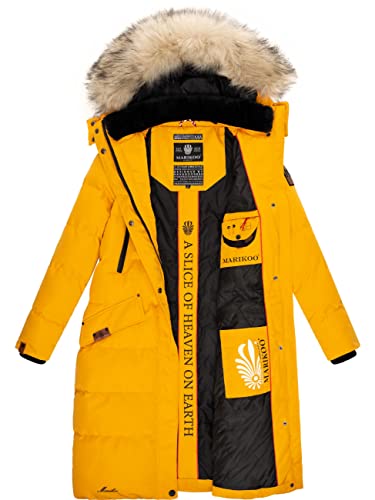 MARIKOO Damen Wintermantel warmer Steppmantel lang mit abnehmbarem Kunstfell und Kapuze Schneesternchen Yellow Gr. XS