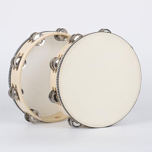 LIEKE Tambourine 10 Inch Goatskin Drumhead Hand Held Drum for Adult kids with 8 Pairs Metal Jingles for Music Classroom Dance Party Church Game Props - Thumbnail 6