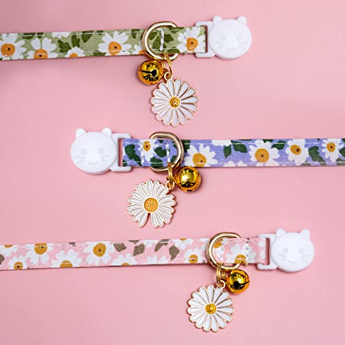 Faygarsle 3 Pack Cotton Safe Breakaway Cat Collars With Bell Daisy Charm Green Blue Pink Kitty Kitten Cute Cat Collars For Girl Cats Female Cats #TOP2