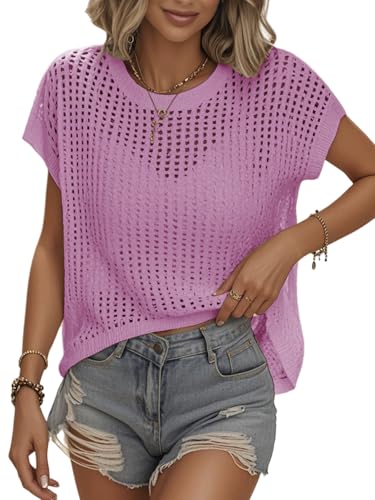 Image of Womens Summer Crochet Tops Hollow Out Cap Sleeve Cover Up Tank Top Pullover Sweater Vest Beach Vacation Clothes