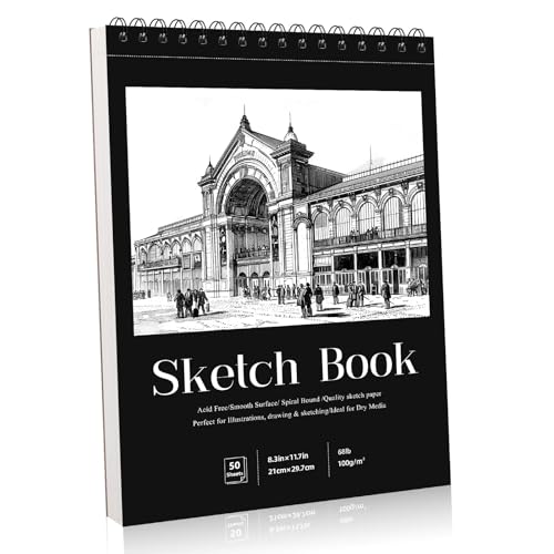 A4 Sketch Book 50 Sheets Hardcover Spiral Bound Sketch Pad 100gsm Thick Paper Drawing Pad A4 Sketchbook for Sketching Drawing Pencil & Charcoal Ideal for Artists Art Projects