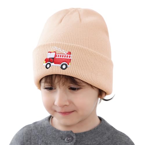 Kids Knit Beanie Cute Fire Trucks Embroidery Warm Cuffed Skull Caps Classic Autumn Winter Hats for Boys Girls 3-8 Years2