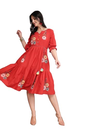 Robe rouge en coton froncé brodée Stylum pour femme