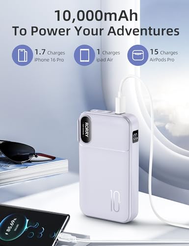 Image of RORRY Portable Charger w /Wall Plug 10000mAh Power Bank 22.5W Battery Pack | Built in Cables, Fast Charging, for iPhone, iPad, Samsung Galaxy, Pixel, LG, Travel Essential, Digital Display, Pocket Size
