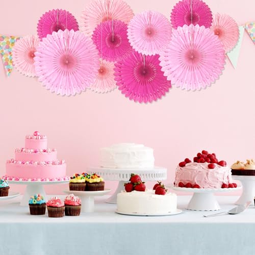 Image of 18 Pcs Pink Set Hanging Paper Fan, Hanging Honeycomb Round Paper Fans for Weddings, Birthdays, Baby Showers, Classroom, Events Ceiling Party Supplies Decorations