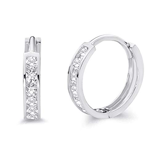 14k REAL White Gold 2mm Thickness CZ Channel Set Hoop Huggie Earrings (12 x 12 mm)