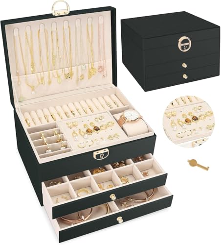 Image of Vlando 3 Layer Jewellery Organiser Box, Large PU Leather Jewelry Storage Case With Drawers, Earrings, Rings, Necklaces Holder | Luxury Jewellery Box For Women & Girls Gift (Black)