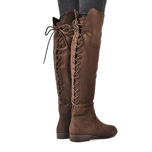 Putu Women's Low Flat Heel Thigh High Boots Faux Suede Boots Over the Knee Sexy Boots with Back Lace up2