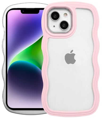 Image of GoldKart iPhone 13 /14 Case Wavy Edge Clear Back Design, Anti-Slip Grip Cute Wave Curly Frame Shape Shockproof Soft TPU & Hard PC Bumper Protective Phone Case Cover for Women Girls - Pink