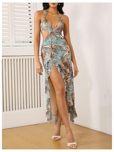 Image of WDIRARA Women's Halter Cut Out Dress Floral Cheetah Print Asymmetrical Hem Sexy High Slit Mesh Ruffle Dresses