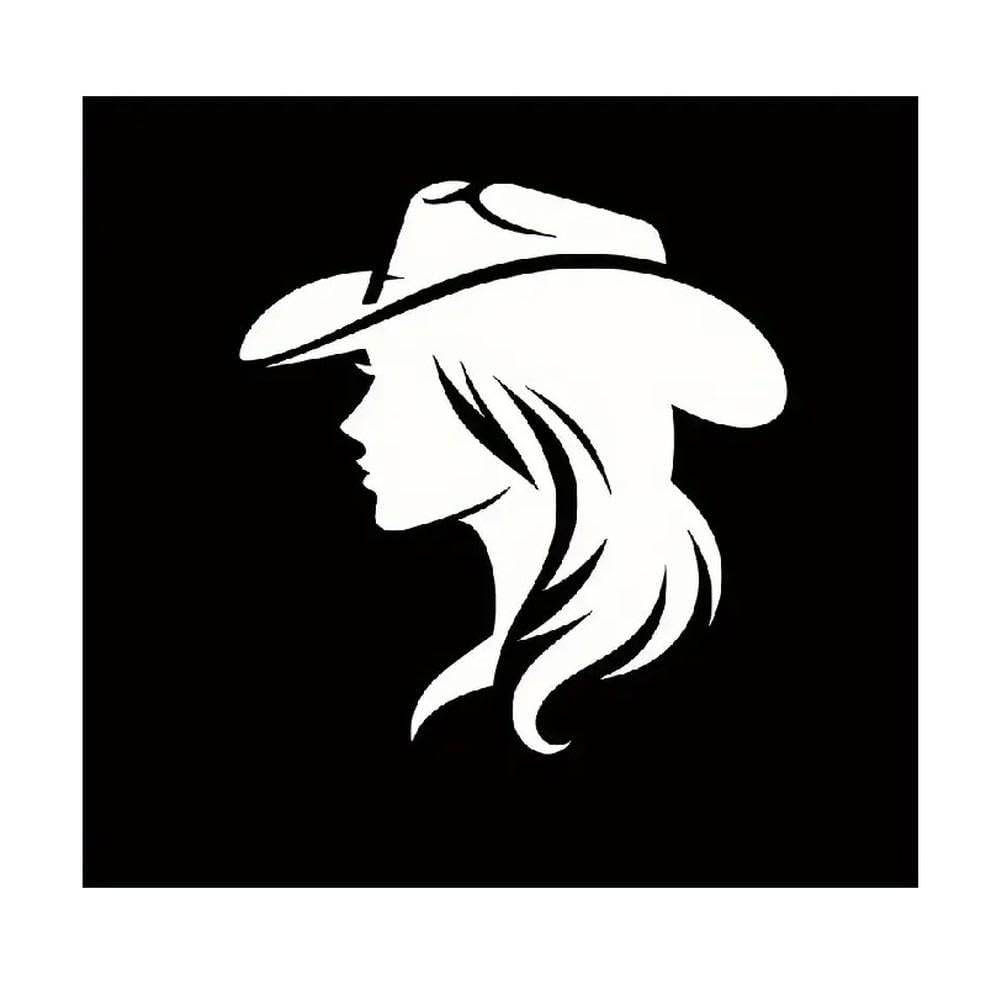 Western Cowgirl Vinyl Decal Car Sticker with Black Silhouette Flowing Hair Cowboy Hat Des(White)