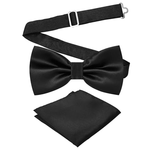 Medsuo Adjustable Bowtie and Pocket Square Set Men Bowtie and Handkerchief Solid Color Double Fold Pre-Tied Bow Tie for Dinners, Weddings, Parties, Business, Proms - Black