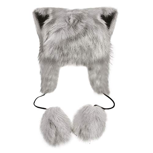 Cute Faux Fur Animal Pattern Fox Hat Soft Plush Full Hood Hats Earflap Skull Caps Thermal Fluffy Plush Beanie Cap Head Warmer Snow Winter Ski Cap Costume Christmas Birthday Gift Grey