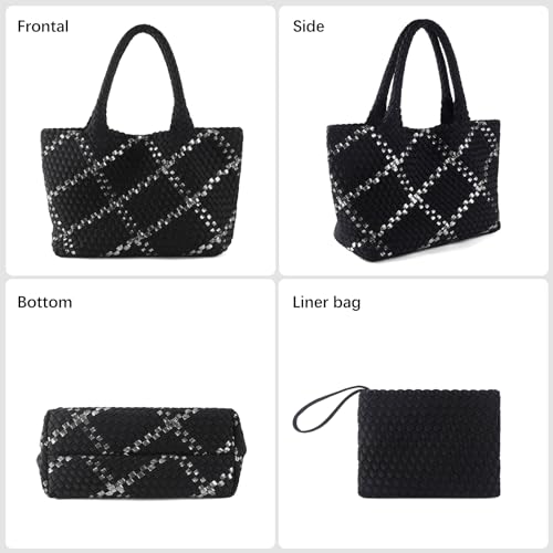 Image of Woven Bag for Women, Large Neoprene Tote Bag Summer Beach Handbag Purse Retro Handmade Travel Shoulder Bag Set