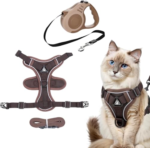Katzengeschirr mit Leine Ausbruchsicher – Verstellbares Katzenleine mit Geschirr für Katzen, Atmungsaktives Mesh Softgeschirr mit Reflektierenden Streifen, 2er-Set in Kaffee (M)
