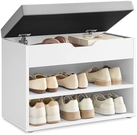 VASAGLE Schuhbank mit Stauraum, gepolsterte Sitzfläche, 2 Ebenen | Flur Bank, 60 x 30 x 44 cm, mit Klappdeckel, für Flur, Wolkenweiß und Taubengrau, CUSTOS Kollektion LHS020W01